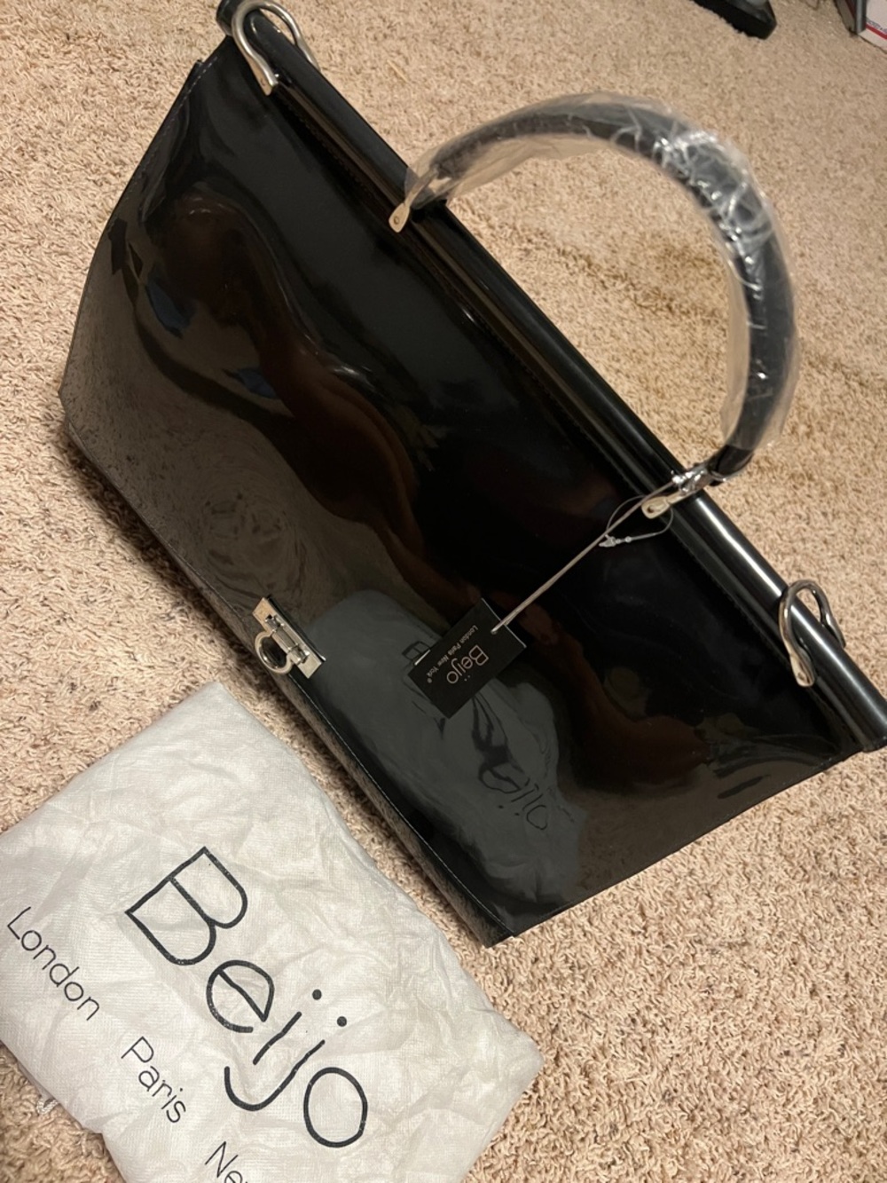 Beijo Black Patent Business Class Top-Handle Satchel with Silver Hardware